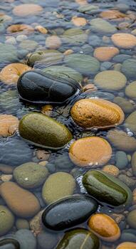 Smooth colorful river stones submerged in clear shallow water creating a serene and natural abstract pattern photo