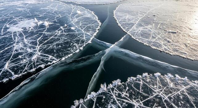 Intricate ice formations create abstract patterns on a frozen surface during winter photo