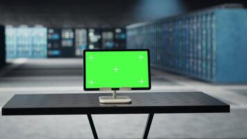 Green screen tablet in data center left running by engineers for software updates. Mockup device in server hub optimizing infrastructure supercomputers configuration for high performance video