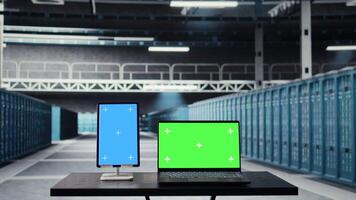 vicino su di isolato schermo tavoletta e modello il computer portatile nel dati centro Usato per controllo hardware per sistema stabilità. croma chiave dispositivi Usato per sorvegliare server azienda agricola e configure infrastruttura video