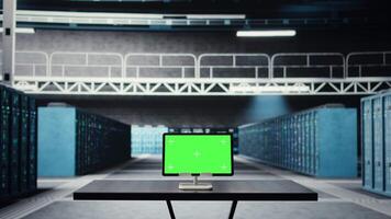 groen scherm tablet in gegevens centrum gebruikt voor aan het doen onderhoud Aan infrastructuur, verbeteren werkdruk. mockup apparaat in server boerderij gebruikt door hoog tech server clusters voor parallel verwerken video
