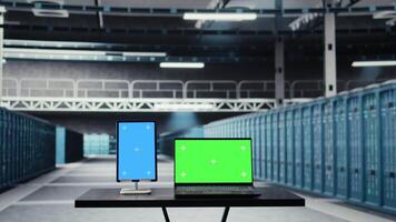 Grün Bildschirm Laptop und Attrappe, Lehrmodell, Simulation Tablette benutzt zu tun Wartung, Verlängerung Daten Center Elektronik Leben Spanne. Chroma Schlüssel Geräte im Server Nabe Überwachung Hardware- Anlagen, verhindern stürzt ab video