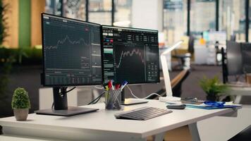 Computer screens displaying stock market charts in proprietary firm office. Brokerage business workspace desk setup used for stock exchange analysis and strategy planning video