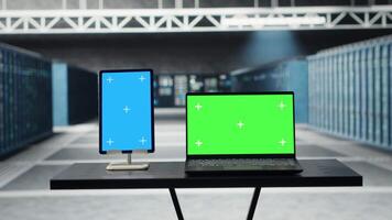Isolated screen tablet and laptop in high tech data center facility with rows of fully operational server racks. Chroma key devices used to oversee server hub built for digital storage systems video