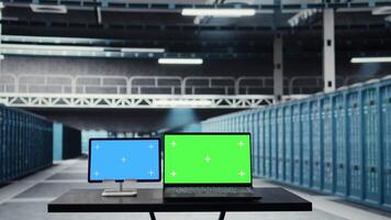 Chroma key devices in high tech data center facility with rows of server rigs infrastructure. Isolated screen tablet and laptop used to oversee server room built for digital storage mainframes video