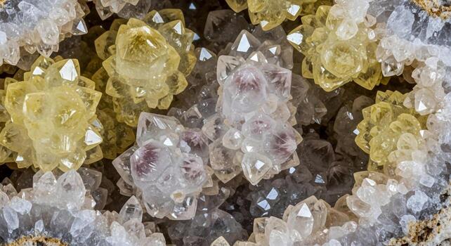 Close up view of a cluster of sparkling amethyst and citrine quartz crystals with sharp facets and vibrant colors photo