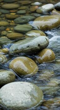 Smooth rounded river stones are partially submerged in clear flowing water creating a serene natural scene photo
