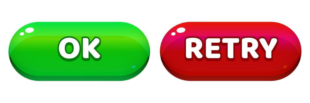 Game Interface Buttons. Green OK and Red Retry Icons for Mobile App UI vector