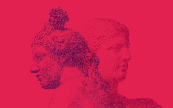Halftone Print of Classical Sculpture. Retro Pop Art Style with Dual Ancient Statues on Vibrant Red Background vector