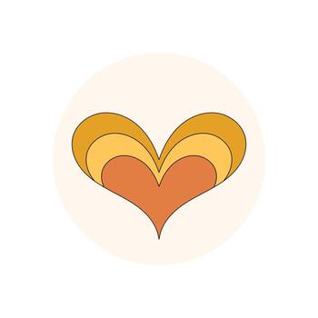 Retro groovy heart sticker with orange and circle shape forms a unique seal for package lid. Love and y2k style graphic perfect as package label or creative emblem. vector