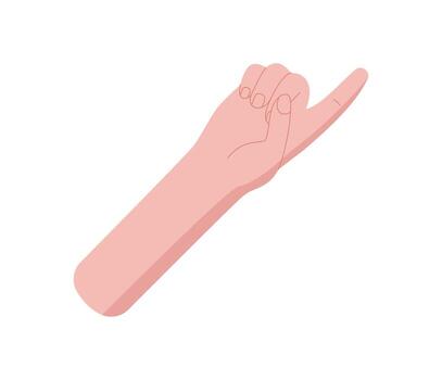 Flat hand gesture showing one with finger up. Hand and palm indicate the count and number one in minimal style. Graphic concept isolated on white background, suitable for education, math exercises, vector