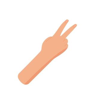 Cartoon style hand with two fingers up sticker. Bare palm gesture showing number two. Simple arm design for math or education, flat format, isolated on white background. vector