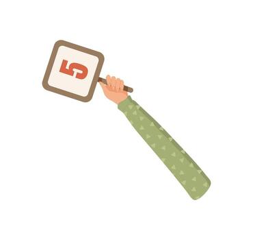 Cartoon style hand holding a five icon. Isolated square rating symbol illustrating client satisfaction. Feedback and review concept for service quality assessment. vector