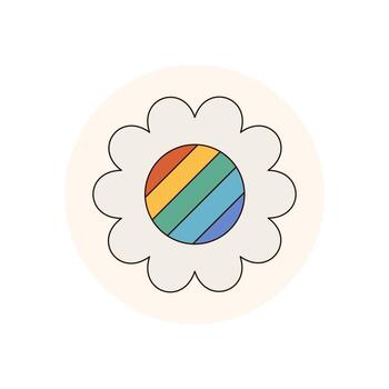 maravilloso retro flor pegatina etiqueta parche en vistoso 70s estilo. arco iris tapa como miedoso circulo sello para y2k paquete, Clásico parche para popular etiqueta o de moda producto, alegre acento divertido diseño. vector