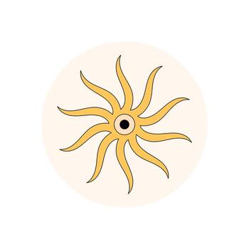 Groovy yellow sticker seal shows retro sunburst label with circle lid. Sun motif graphic for box package, y2k inspiration and funky vibe create a modern packaging accent. vector