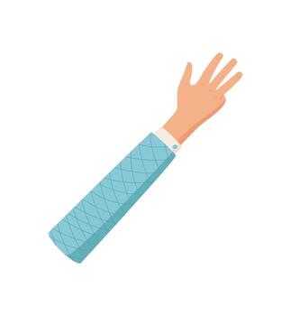 Flat cartoon hand gesture with four fingers up. Palm signal showing the number 4 in isolated format. Human hand with sleeve, professional icon for basic design. vector