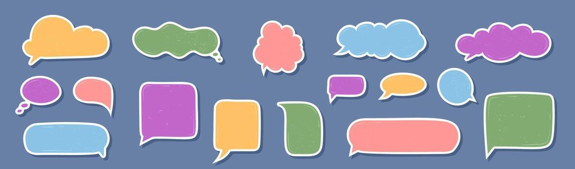 Set of hand drawn speech balloon stickers with rough organic style sticker. This circle cloud chat bubble collection adds round textbox and message elements for conversation and playful vector