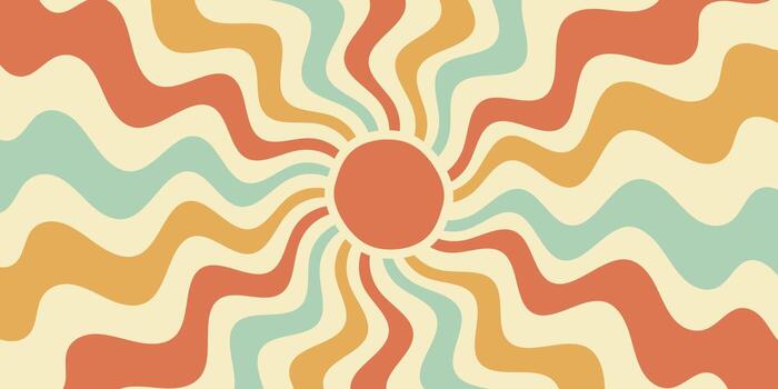 Groovy retro sun burst wave background in y2k style. Circular orange and yellow sun with wave pattern creates sunshine burst. Horizontal graphic with sunshine energy, perfect for a vintage summer vector