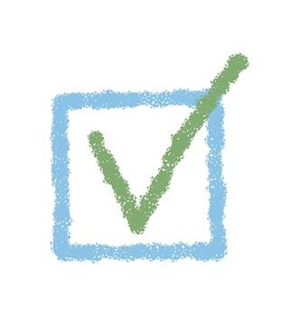Crayon style check box icon with green tick mark on blue box. Checkbox element and check symbol blend as graphic in blue and green, creating a hand drawn mark for modern visual projects. vector