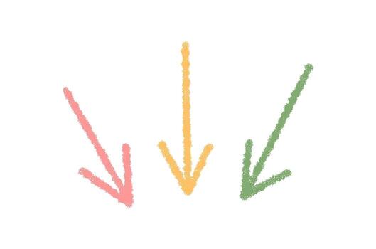 Hand drawn pastel chalk down arrow symbol with sketch style. This icon as pointer and sign uses soft color tones. Arrow element in a chalk texture and symbol look, ideal for template or modern vector