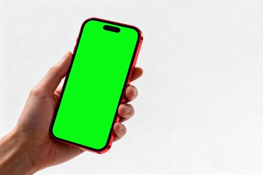 Hand holds modern smartphone with blank green screen, perfect for mockups, white background. For showcasing various content, mobile games, or website interfaces in landscape view. photo