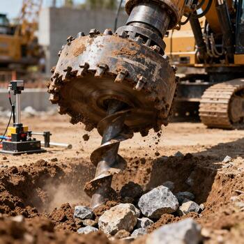 Drilling machine with large auger bit excavating dirt and rocks from ground. Extraction of underground material for geotechnical analysis and foundation assessment. Soil sampling during pile drilling. photo