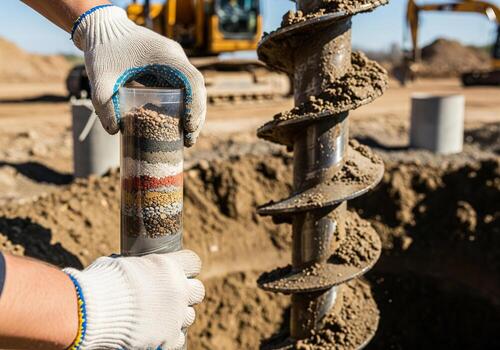 Drilling machine with large auger bit excavating rocks from ground. Soil sampling during pile drilling. Extraction of underground material for geotechnical analysis and foundation assessment. photo