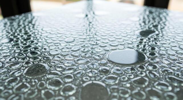 Macro View of Dew Drops Clinging to a Textured Glass Surface, Reflecting Soft Light. photo