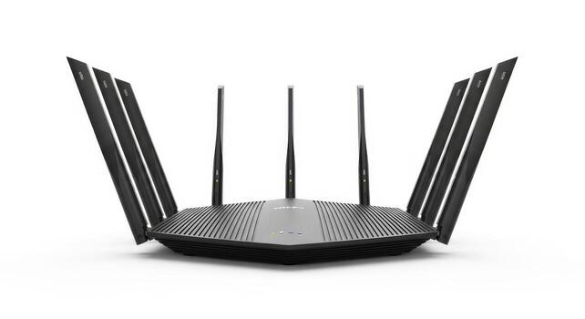 Modern high-speed wireless Wi-Fi router with multiple antennas isolated on a white background. photo