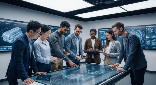 Diverse Team of Engineers and Scientists Collaborating in a High-Tech Laboratory. photo