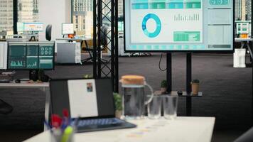 Empty startup space with a laptop running CV applicant before job interview, space used for the recruitment process and reviewing qualifications or past work experience to align with vacancy. video