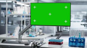 grön skärm i tömma laboratorium visa upp modern miljö av medicinsk forskning, redo för studie och testning i farmakologi. immunologi och bioteknik fokuserade på förebyggande och utveckling. video