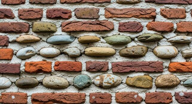 Textured Brick and Stone Wall - Rustic Architecture with Varied Colors and Patterns. photo