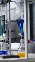Vertical Laboratory tools and blood samples in empty diagnostics lab, scientific environment supports microbiology and biotechnology research. Precision, preparation and advanced clinical testing. video