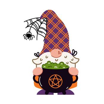 A gnome sorcerer with a magic potion illustration. A funny elf with a beard holds a cauldron with elixir. A dwarf in a hat with a spider, a web. Cartoon clipart for Halloween, fall decorations vector