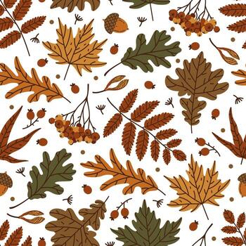 otoño hojas sin costura modelo. vistoso hoja de roble, arce. manojo de serbal bayas, Rosa caderas, bellota, con alas semillas bosque herbario, salvaje cosecha. mano dibujado fondo, estacional ornamento vector