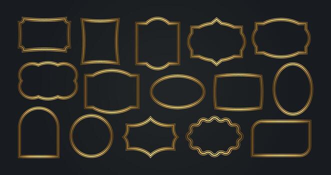 Collection of golden frames in various shapes. Elegant vintage decorative frames with lines and ornaments for design vector