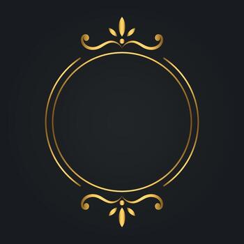 Round golden frame with double line and top bottom floral ornament elegant element vector