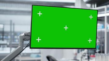 krom nyckel skärm i tömma laboratorium med steril Utrustning, digital monitorer och mikroskop redo för testning och experimenterande. bioteknik forskning körning sjukvård innovation. video