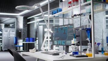 laboratorium skrivbord Begagnade för molekyl resultat i tömma forskning anläggningen, hög tech verktyg och modern Utrustning för mikrobiologi och bioteknik experiment. Avancerad klinisk testning. video