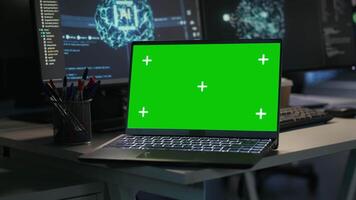 Isolated screen laptop in server farm monitoring artificial intelligence visualizing neural networks data and analytics. Mockup notebook overseeing servers powering machine learning operations video