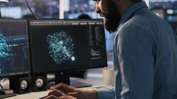 Exhausted computer scientist in server room reviewing neural network outputs, suffering from mental fatigue. Stressed data center IT expert analyzing AI LLM visualization, camera A video