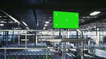 Server hub green screen computer monitoring systems processing deep learning datasets for AI workflows. PC chroma key displays tracking hardware supporting artificial intelligence model development video