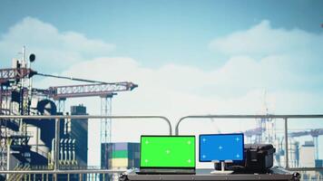 Isolated screen tablet and laptop on drilling rig used for doing maintenance, monitoring gear. Chroma key devices on offshore platform ship digital analyzing performance metrics video