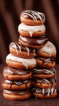 Decadent Stack of Assorted Glazed Donuts With Chocolate and Cream Toppings on Striped Background. photo