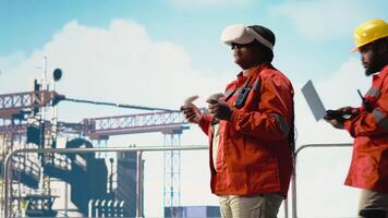 offshore rigg tekniker övervakning operationer använder sig av vr glasögon, håller på med underhåll. borrning rigg teknik team granskning energi operationer använder sig av virtuell verklighet teknologi, kamera b video