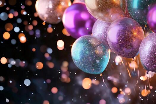 Colorful Balloons and Sparkling Confetti Create a Festive Atmosphere for a Celebration Event at Night photo