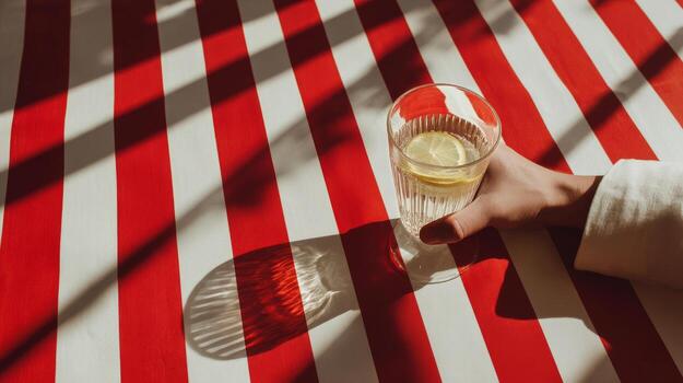 Enjoying a Refreshing Drink on a Sunny Day With a Striped Tablecloth photo