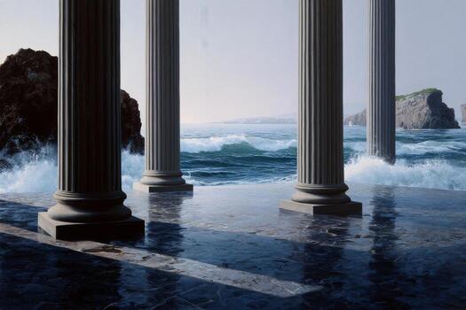 Surreal Coastal View With Ancient Columns and Crashing Waves at Dawn photo