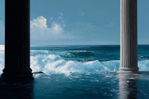 Waves Crash Against Ancient Columns Under Clear Blue Sky by the Beach photo